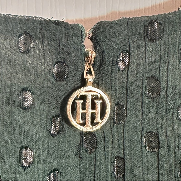 Tommy Hilfiger sz 14 emerald green chiffon dress, metallic polka dots, hi/lo - Picture 13 of 14